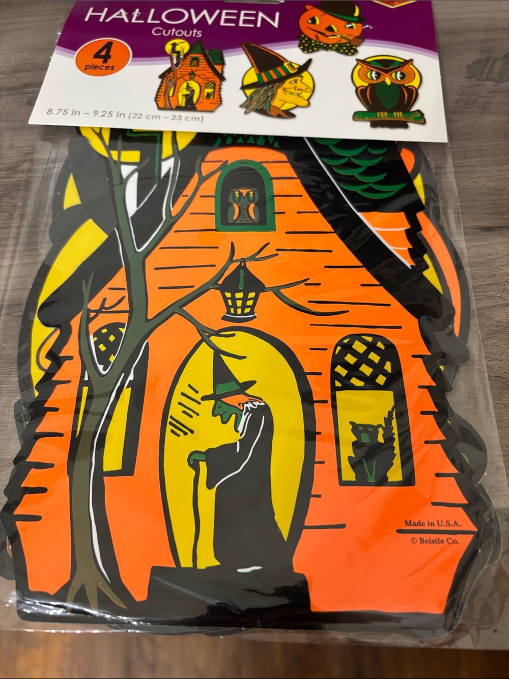 NIP Beistle Retro Halloween 4 Cutouts- Witch, Haunted House, Owl, Jack o Lantern